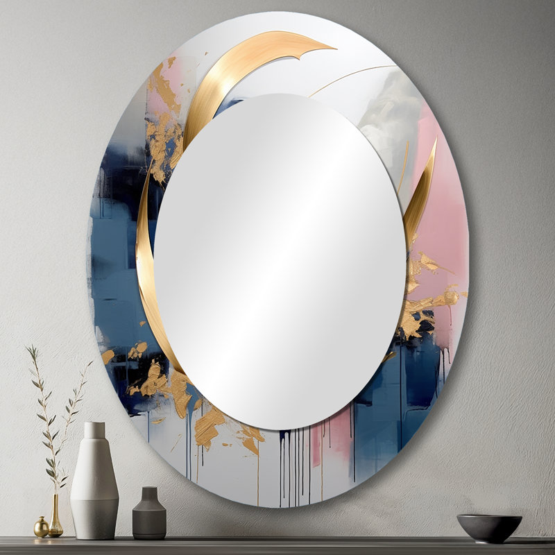 Golden Blue Abstract Whirls Of Serenity III - Abstract Oval Decorative Mirror On Metal, 43" x 33"