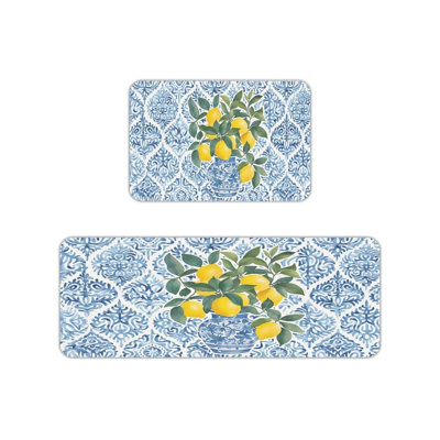 Blue Tile Lemon Print Kitchen Mats for Kitchen & Dining Room,Blue Yellow 2-Piece Set