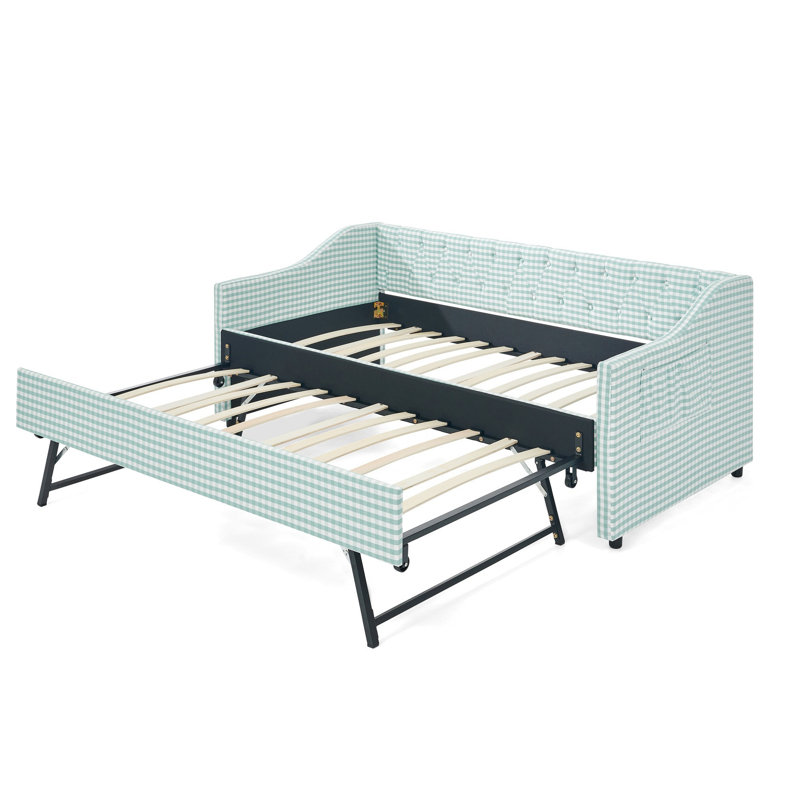 Lit de jour simple, lit de jour convertible rembourré avec dossier capitonné, canapé-lit polyvalent 3 en 1 avec lit gigogne escamotable et rangement latéral, parfait pour les petits espaces