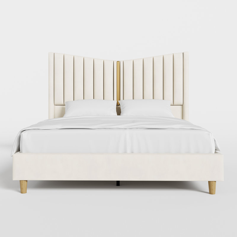 Queen Velvet Upholstered Platform Bed with V-Shaped Wingback Headboard