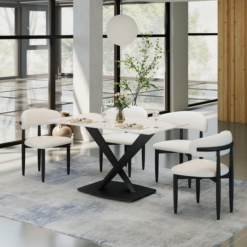 Ensemble de table de salle à manger 5 pièces Juvan, Noir / blanc, Blanc neige