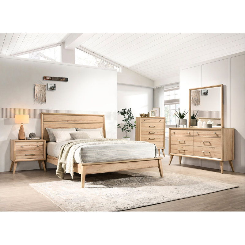 Grand lit en chêne naturel - Style contemporain classique Mid-Century moderne
