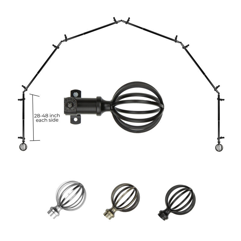 Burma Adjustable Bay Window Single Curtain Rod, Black, 28-48" (each side)