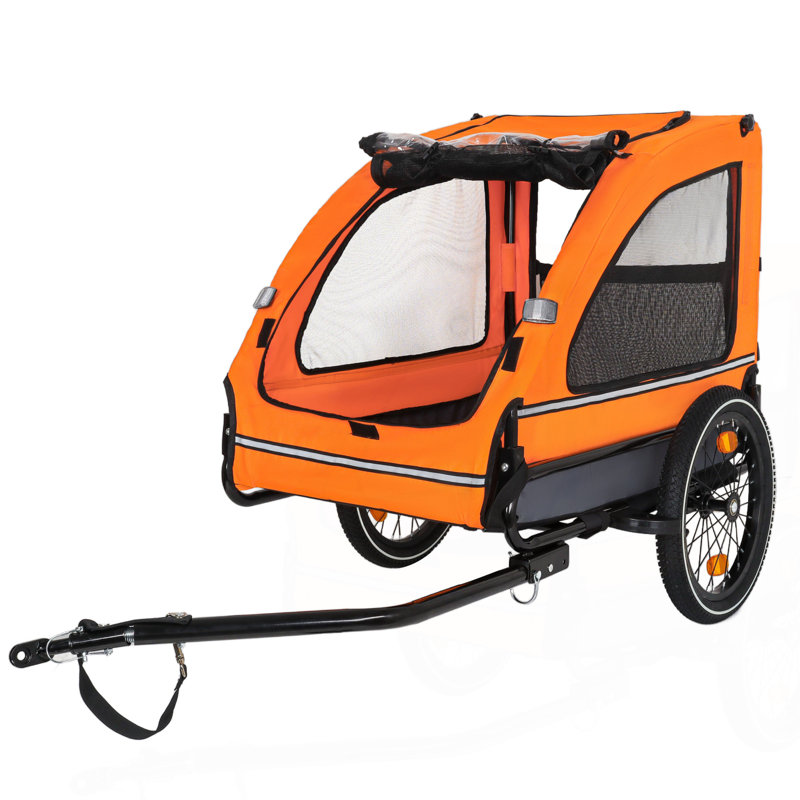 Chariot pour chien avec bicyclette, adapté aux petits et moyens animaux, cadre de chariot pliant facile, roue à dégagement rapide, plancher antidérapant, laisse intérieure, orange