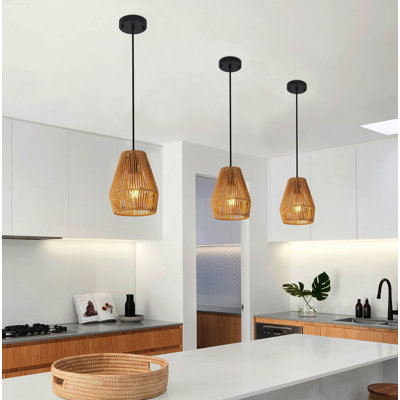 3-Pack Boho Coastal Mini Pendant Lights Handwoven Geometric Rope Texture Matte Brown