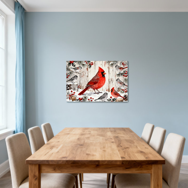 Noël, hiver, oiseaux, cardinal, neige, baies, pin, H 12 po x l 18 po