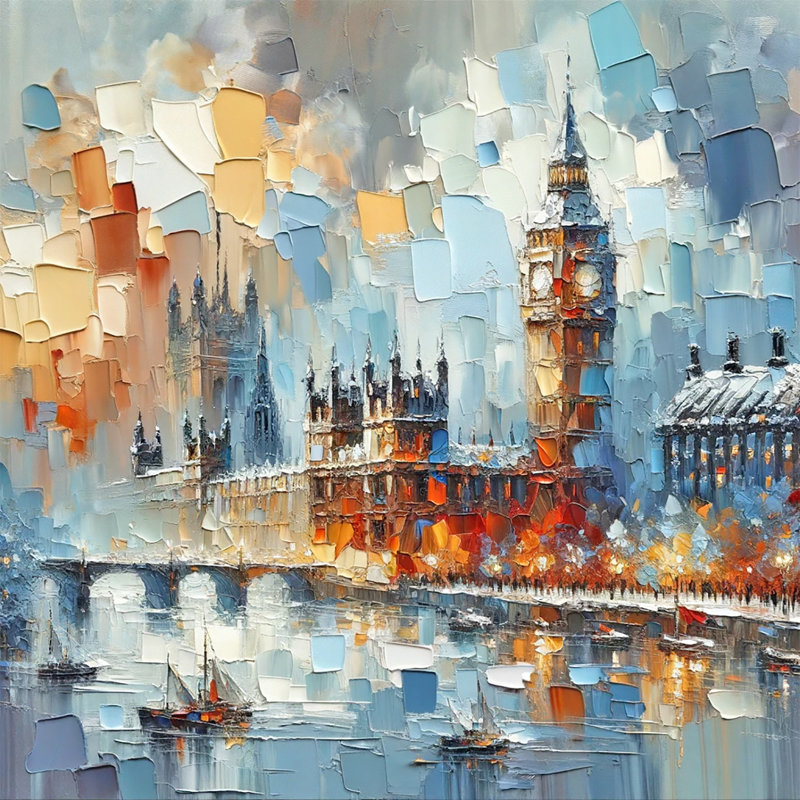 Reflections of Westminster - empâtement texturé de l'horizon historique de Londres sur toile, H 40 po x l 40 po x P 1,5 po