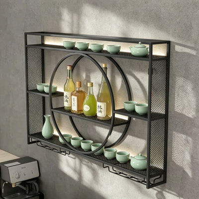 Support à vin mural moderne avec éclairage à DEL, tablette de bar à grande capacité à 3 niveaux avec support en verre intégré pour le bar à la maison et la salle à manger