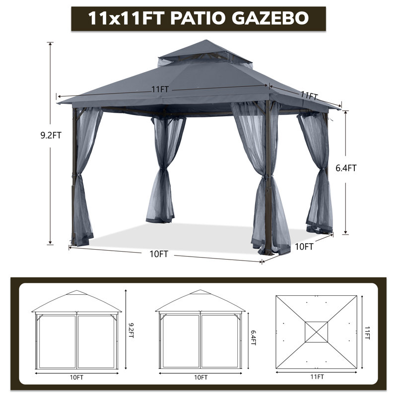 Steel Patio Gazebo The Soft Roof, Gray, 110" H x 132" W x 132" D