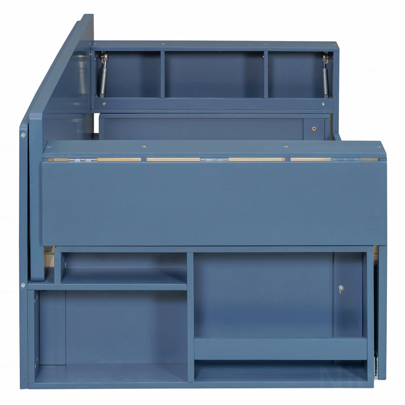 Full Size Daybed Frame With Removable Desk, With Storage Function Drawers And  Hydraulic Side Table, Blue, Blue, Full