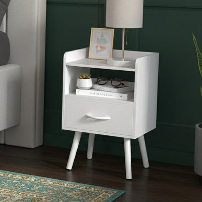 15.75'' W Mid-Century Nightstand - Natural Finish Wood Frame, Drawer & Open Shelf