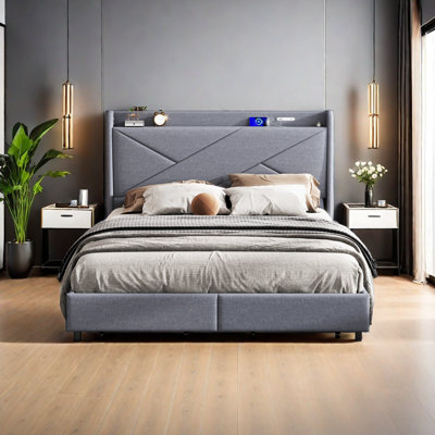 Queen Size Upholstery Platform Bed With Storage Headboard, LED, USB Charging And 2 Drawers -  Ivy Bronx, 8702A53298764A25999A8478D5341802