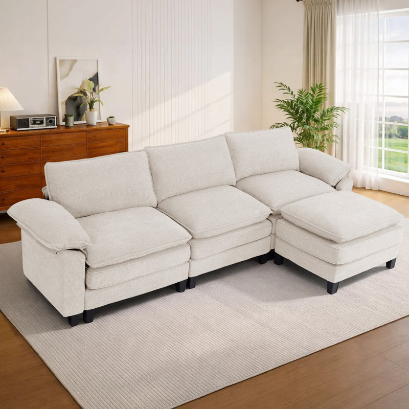 Canapé d'angle rembourré avec 1 repose-pieds, H 37,4 po x l 146,5 po x P 61 po, Tissu beige