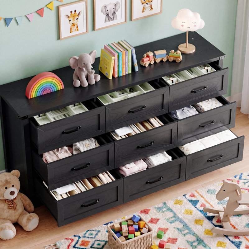 63" Wide 9-Drawer  Storage Dresser, Extra MDF Wide Chest of Drawers with Metal Handles, Anti-Tip Design, Sturdy Media Console & Entryway Organizer