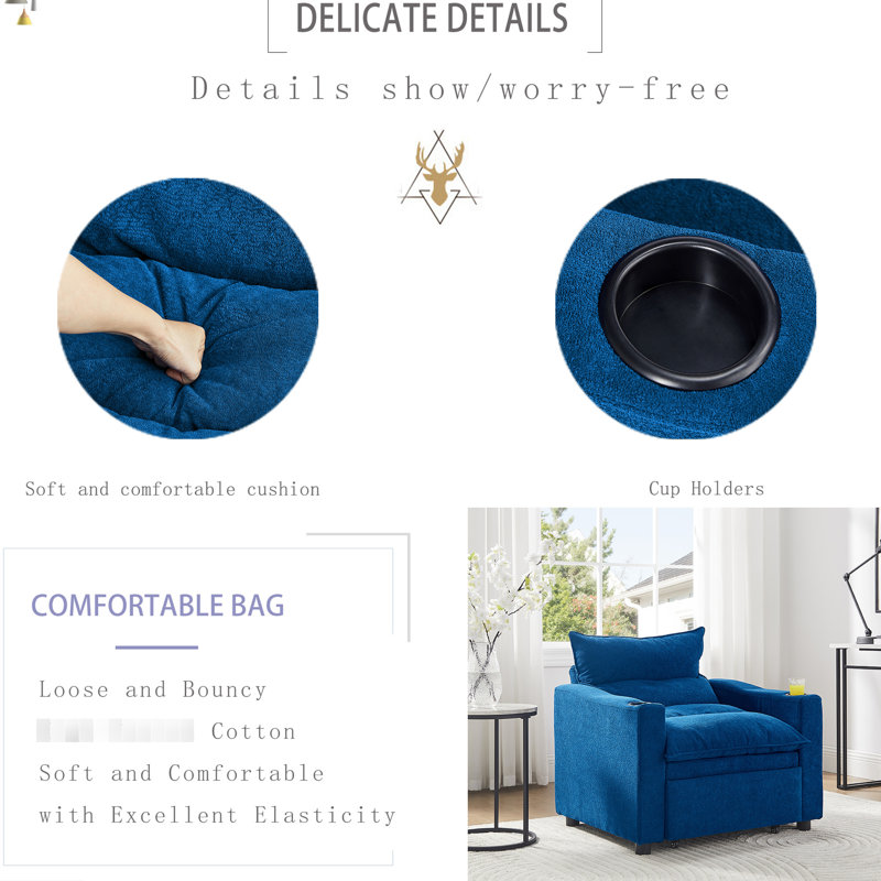 Fauteuil-lit ajustable convertible, bleu, avec velours respirant et porte-gobelet pour tissu de petit dortoir, espaces de vie