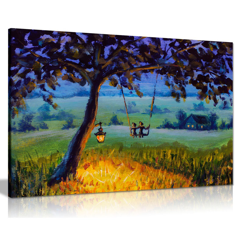 Rustic Landsacpe Children On Swing Painting - Wrapped Canvas Print, 20cm H x 31cm W