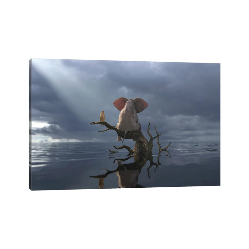 Elephant And Dog Are Sitting On A Tree In Flood II by Mike Kiev - Wrapped Canvas Print, 101.6 cm H x 66.04 cm W x 1.91 cm D
