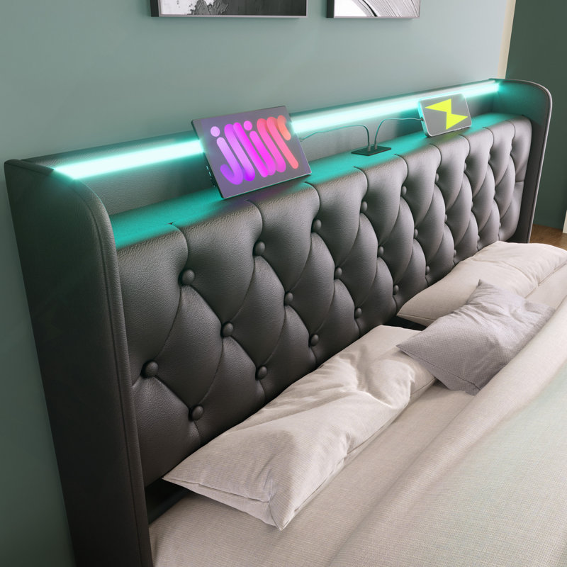 Lit tapissier, fonction DEL à 360 degrés, boutons / applications / télécommande, lit de rangement hydraulique avec chargement USB Type-C, polyuréthane (sans matelas)