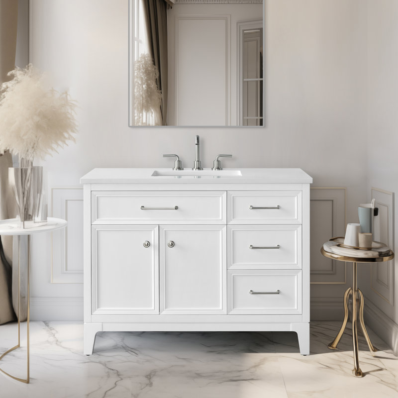 Tiosha 42" Single Bathroom Vanity In White With Engineered Stone Top