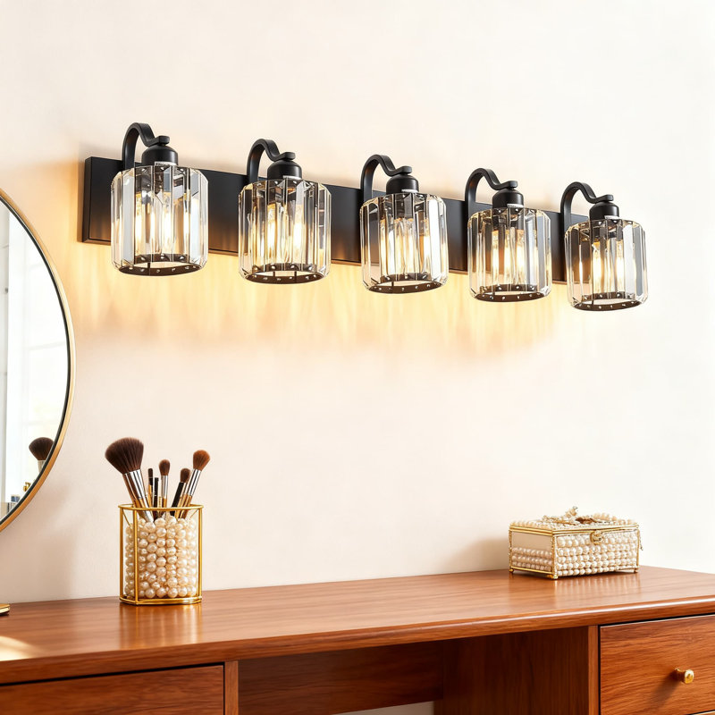 Luminaire de meuble-lavabo moderne en cristal noir avec 5 lumières et abat-jour rond en cristal K9 pour salle de bain, base E26 (ampoules non incluses)