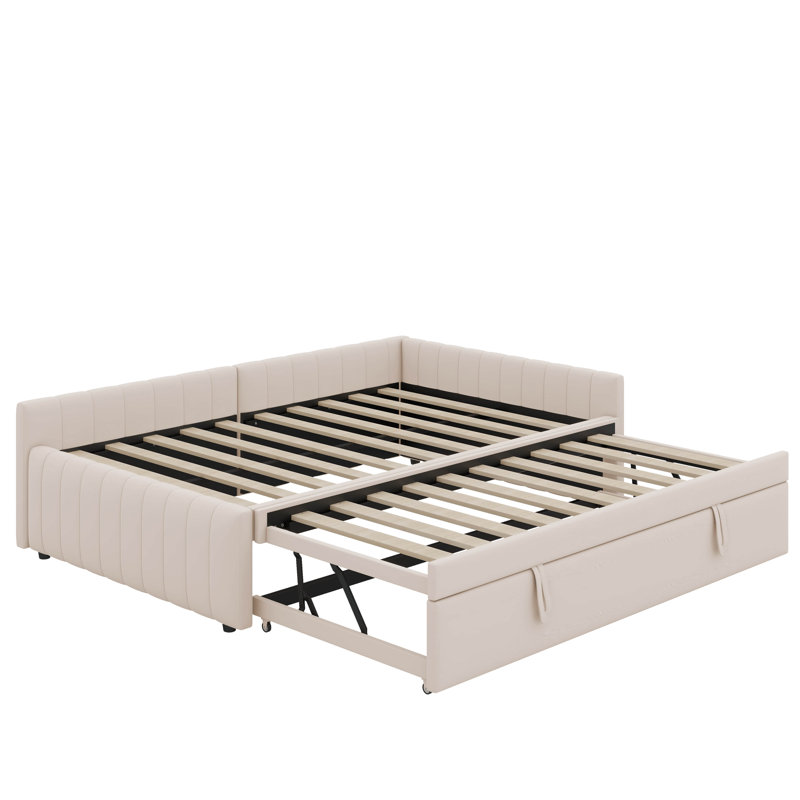 Lit de jour double rembourré en L avec lit gigogne escamotable double, Beige