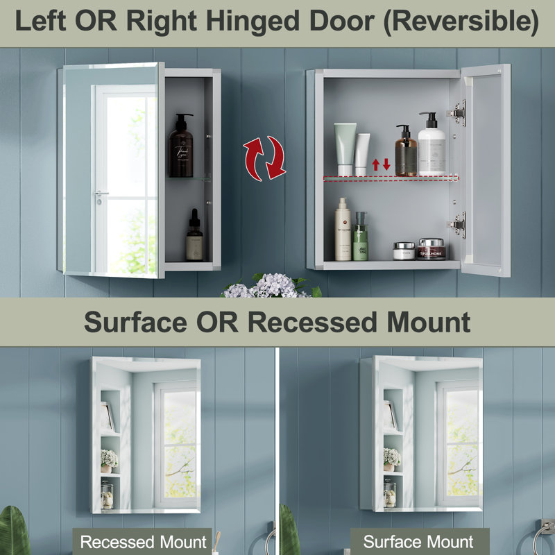 Aluminum Medicine Cabinet with Beveled Mirror, Assembly Needed, Recessed/Wall Mount,Side Mirror, Reversable Door