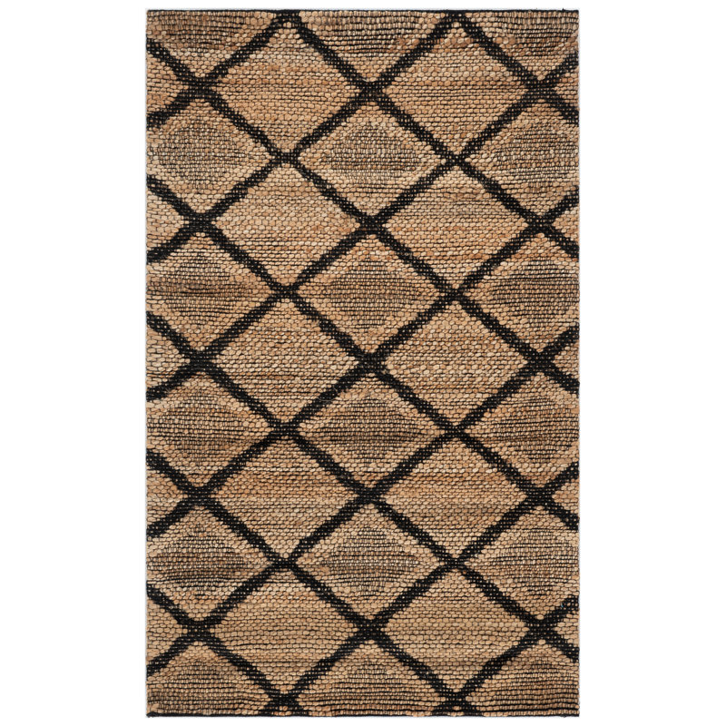 Coutu Natural Fiber Handloomed Jute Cotton Geometric Rug in Natural/Black, Rectangle 3' x 5'