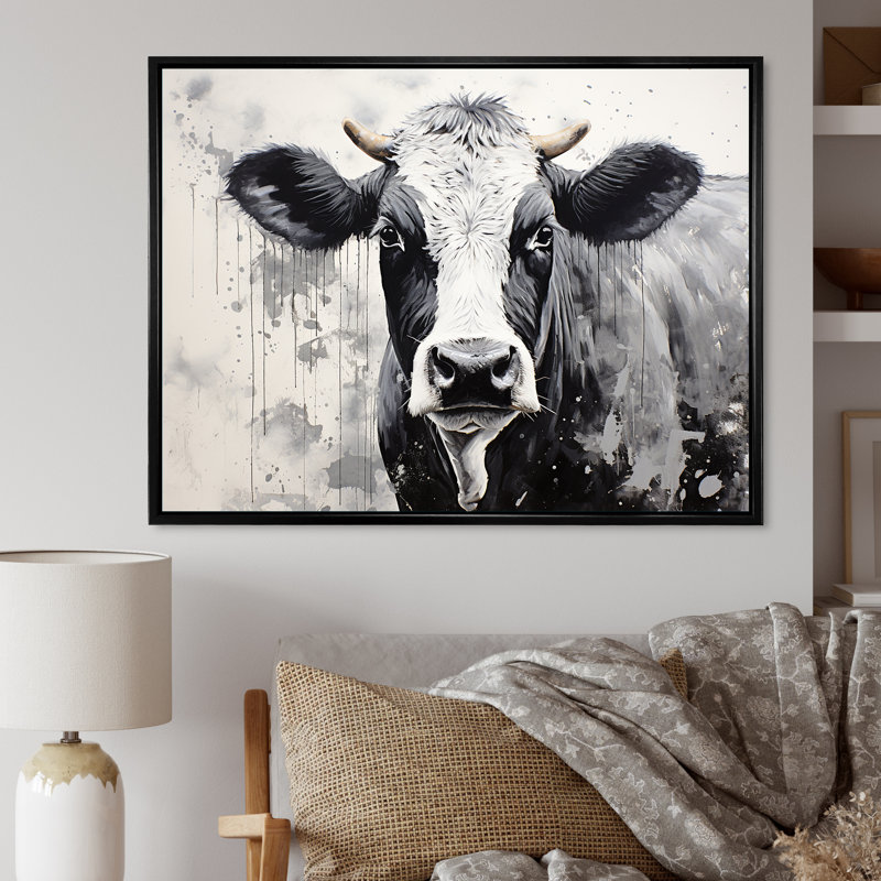 Minimalisme noir et blanc - vache, art mural, Cadre flottant noir, H 34 po x l 44 po x P 1,5 po