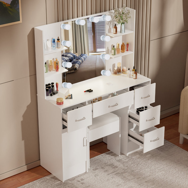 Ensemble de coiffeuse avec miroir de maquillage éclairé à DEL avec armoire et tablettes, blanc