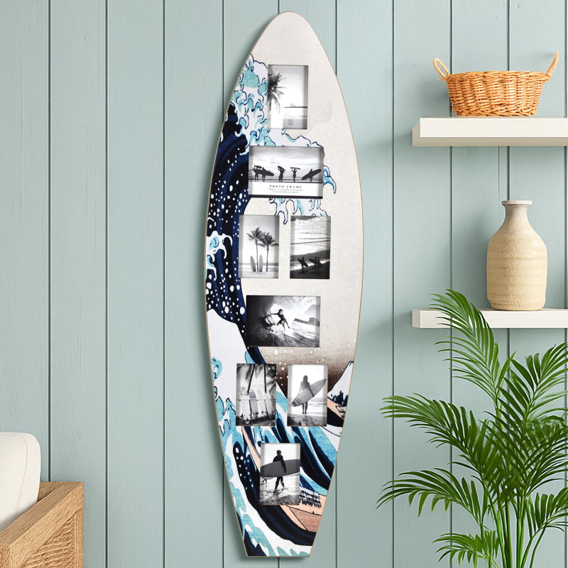 Surfboard Photo Collage Wall Decor - Great Wave Off Kanagawa Coastal Beach Art, 48" x 14"