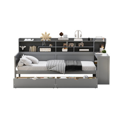 Lit de jour en bois gris avec structure de tablette de rangement, deux tiroirs et un bureau d'étude pour la chambre à coucher