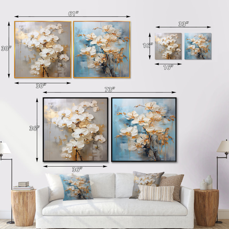 Minimalisme - Orchidées beiges et dorées - ensemble de 2 orchidées carrées, Cadre flottant doré, H 16 po x l 33 po