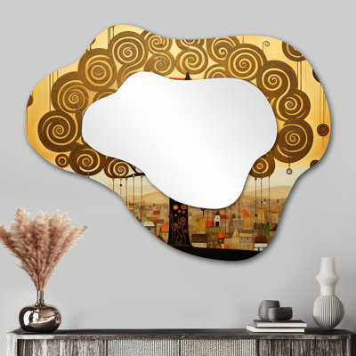 Art nouveau, arbre en spirale pittoresque, ville I - décor moderne en métal - miroir mural asymétrique