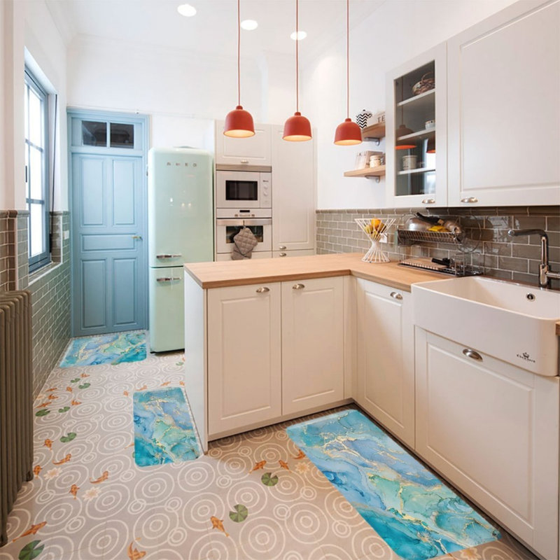 Ensemble de 3 tapis de cuisine en marbre bleu et vert