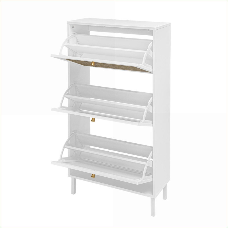 Shoe Storage Cabinets | 3-Door Freestanding Modern Engineered Rattan Shoe Organizer for Entryway | ivory | Particle Board