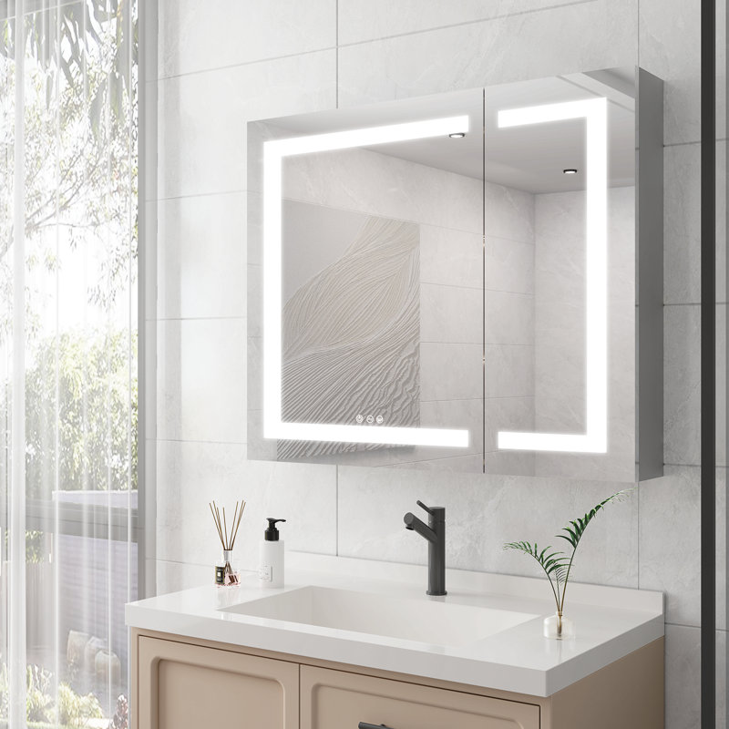 Armoire à pharmacie 36 po x 30 po avec miroir de coiffeuse à DEL, antibuée, encastré ou à fixation en surface, étanche, à intensité variable, aluminium 3000K ~ 6000K