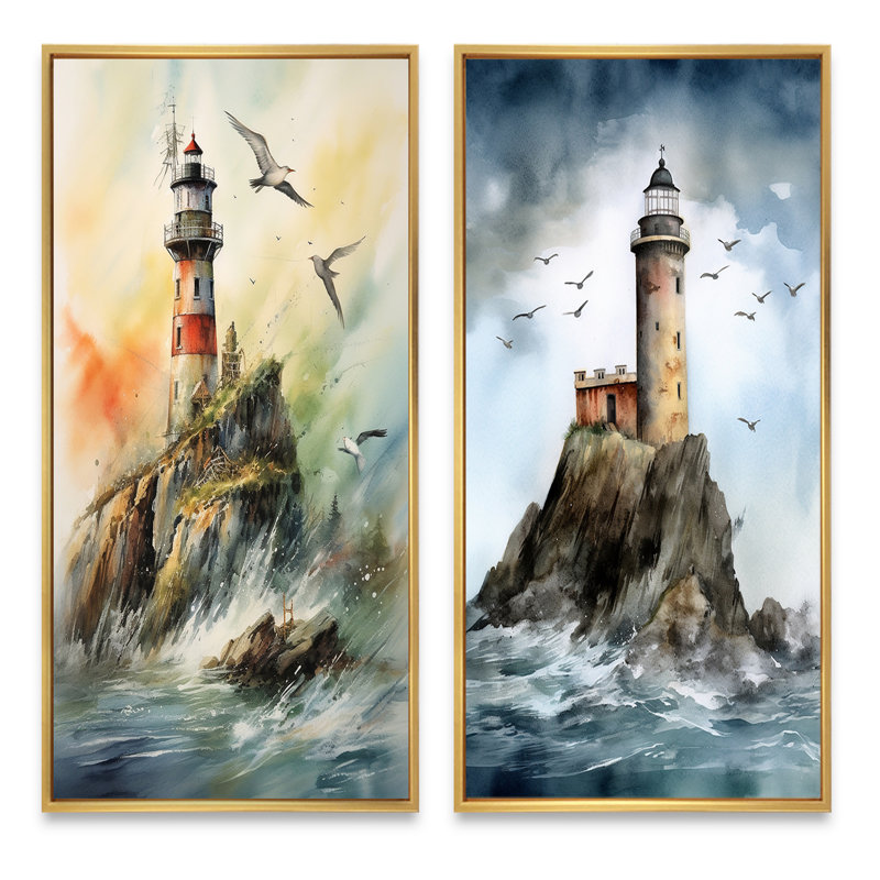 «Ocean Watchtower», 2 pièces sur toile, H 32 po x l 32 po, Encadrement doré