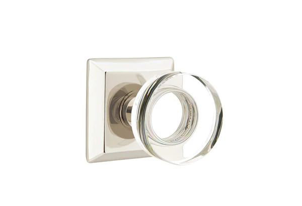 Ensemble de mortaise intérieure Emtek avec rosette Quincy et poignée moderne en verre à disque (droite), Nickel poli