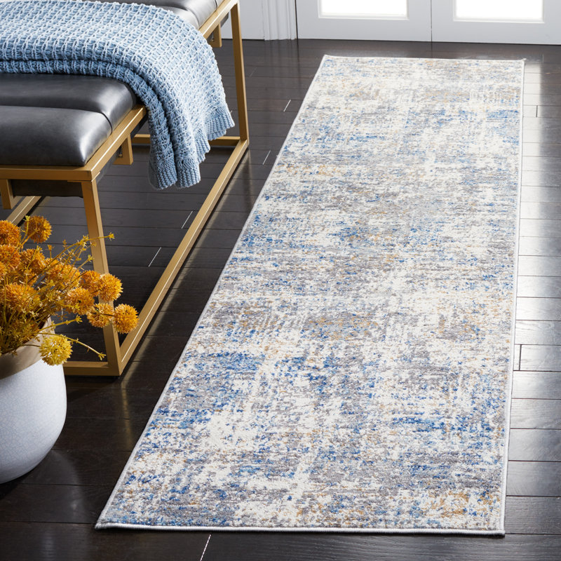 Tapis abstrait ivoire / bleu, Tapis de couloir 2 pi 2 po x 8 pi