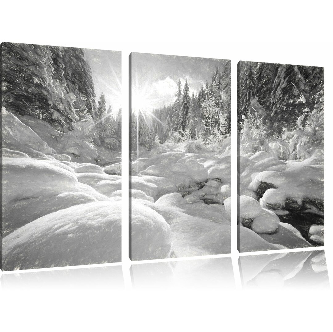 3-tlg. Leinwandbild-Set „Sonnenstrahlen im schneebedeckten Wald“, Kunstdruck