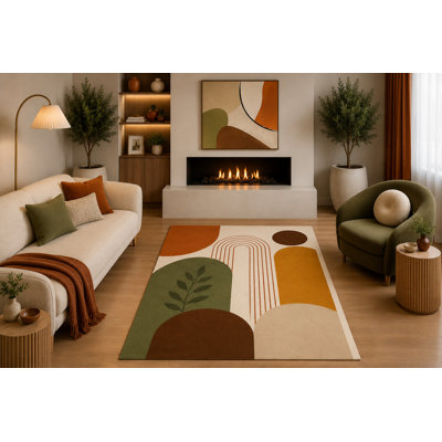 "Ultra Lightweight" 5' x 7' Mid Century Modern Area Rug Olive Green Rust Mustard Botanical Arch Design for Living Room Bedroom Dining Room Office Non-Slip Silicone Backing Low Pile