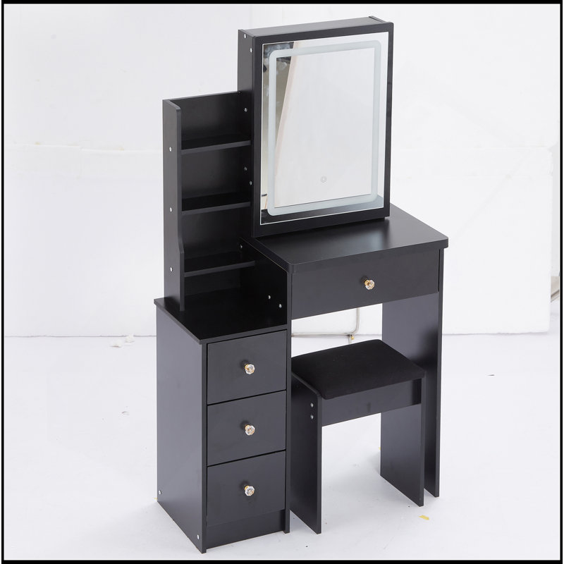 29.2" Small Size Left Bedside Cabinet Vanity Table + Cushioned Stool, Large Sliding, Touch Control, Tri-Color Switching, Brightness Adjust LED Mirror, High Capacity Storage, Suitable For Small Space