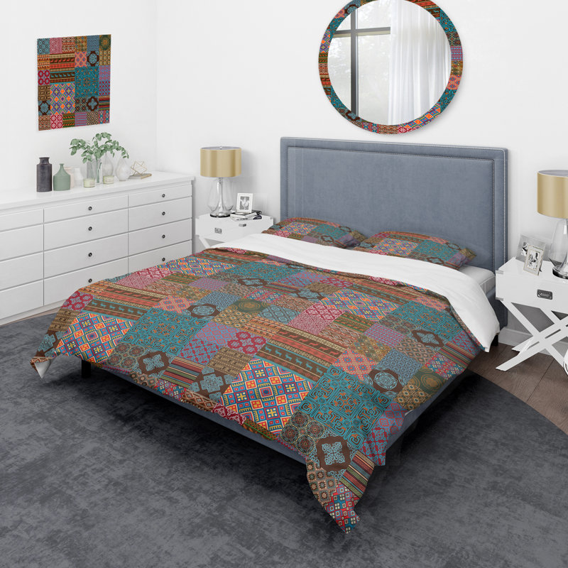 Multicolor Ethnic Patchwork - Abstract Duvet Cover Set - Microfiber Polyester, King Duvet Cover + 2 King Shams
