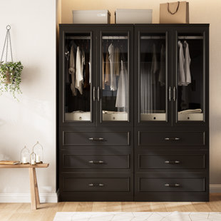 Armoire Wardrobe Closet With 4 Door & 6 Drawers, 74.8" Large Wardrobe Cabinet With Hanging Rod, Freestanding Modern Bedroom Armoire Storage Cabinet