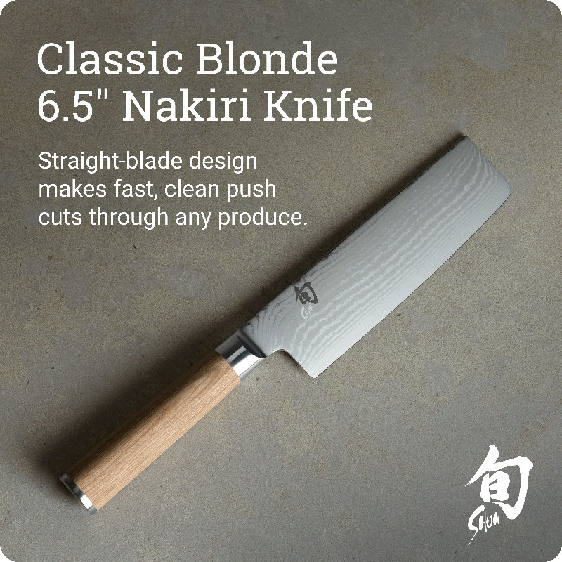 Shun Classic Blonde 6.5" Nakiri Knife, Handcrafted Japanese Vegetable Knife, VG-MAX Core with Damascus Stainless Steel Cladding, Pakkawood Handle, Slicing Tool for Professional and Home Chefs