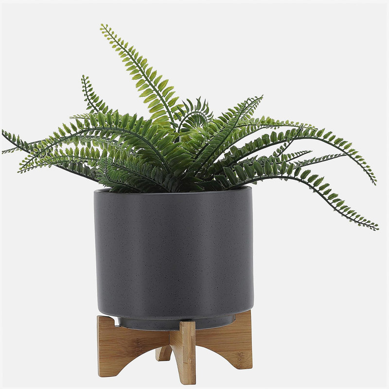 8" Planter W/ Wood Stand, Matte Gray, 9'' H x 8'' W x 8'' D