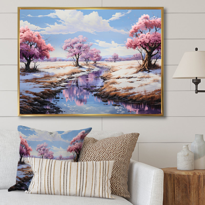 «Pink Coral Riverside Serenity - Lacs et rivières», reproduction d'art sur toile, Cadre flottant doré