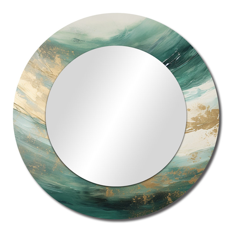 Gold And Green Soft Wave Fusion - Abstract Shapes Mirror, Beige Round Decorative Wall Mirror, Printed Metal Art, 23" x 23"