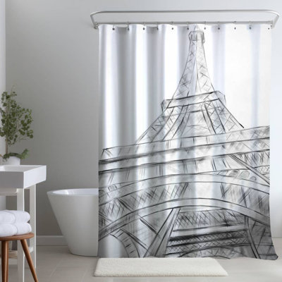 Eiffel Tower Sketch – Black & White Home – Polyester Shower Curtain, Dye Sublimation Print, 71" W × 74" L