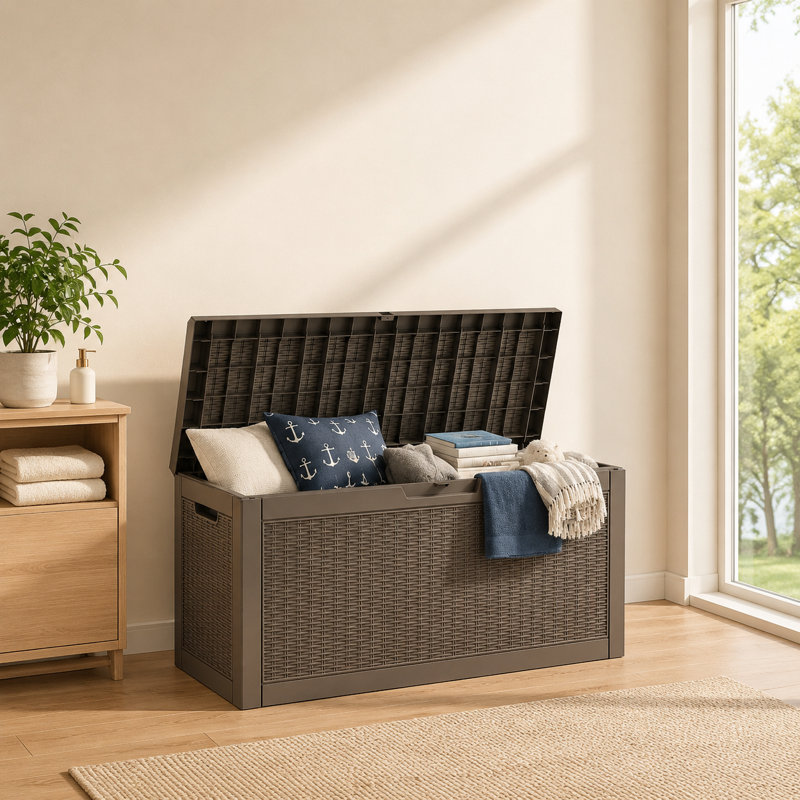 Outdoor Lockable Deck Storage Box, 60 Gal (227L), Durable Resin, Rattan Effect, Gray